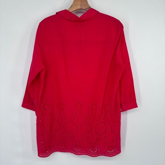 Foxcroft Red Tunic Top embroidered Eyelet Hem Size 10 Cotton popover - Picture 12 of 13